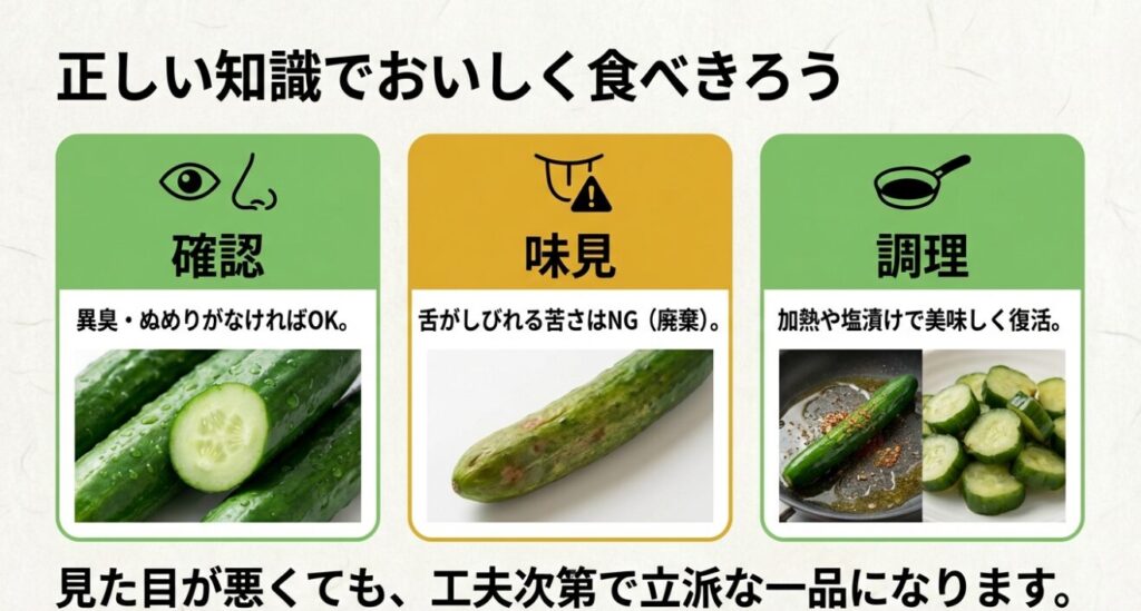 黄色いきゅうりの判断と活用のまとめフローチャート。異臭確認、味見、調理法の選択手順