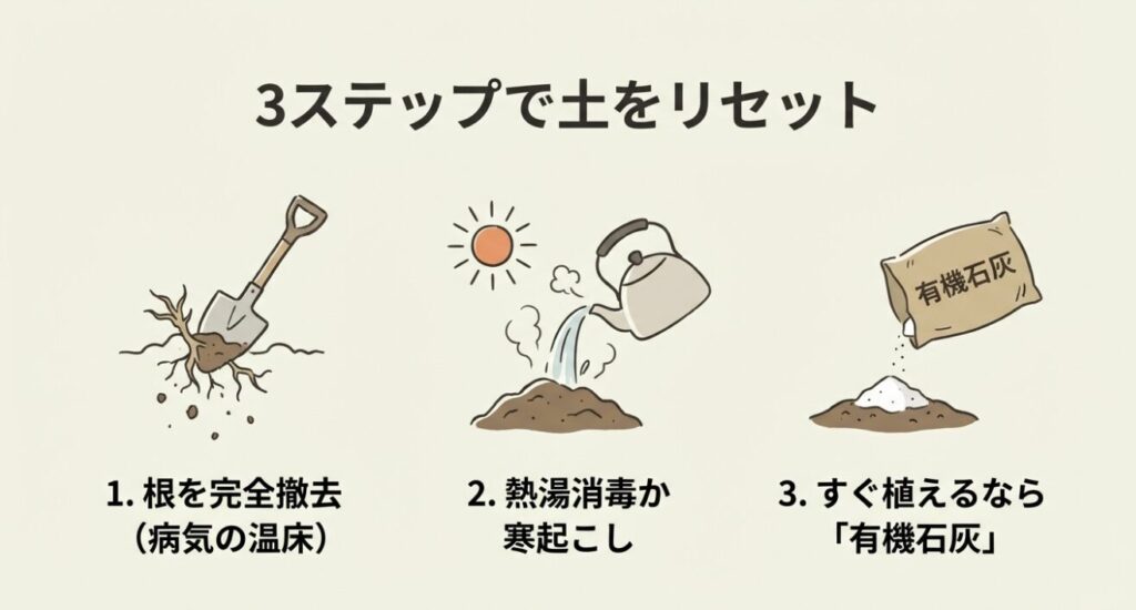 土のリセット手順。1.根を完全撤去、2.熱湯消毒か寒起こし、3.有機石灰で酸度調整をするイラスト解説。