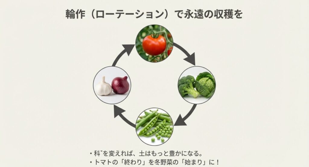 トマト（ナス科）→ブロッコリー（アブラナ科）→マメ科→ネギ類とつなぐことで、土を豊かにする輪作サイクルの図解。