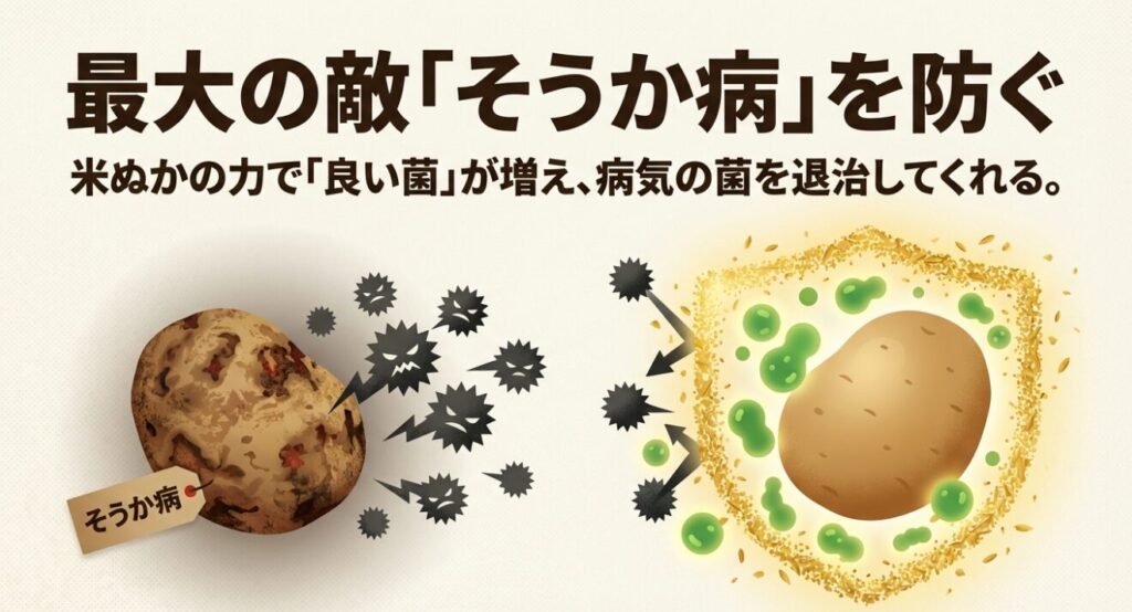 米ぬかの力で良い菌が増え、じゃがいもの天敵であるそうか病菌を退治する仕組み