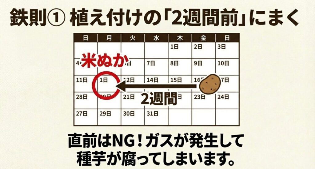 鉄則1：米ぬかは植え付けの2週間前にまく。直前はガス発生で種芋が腐るためNG