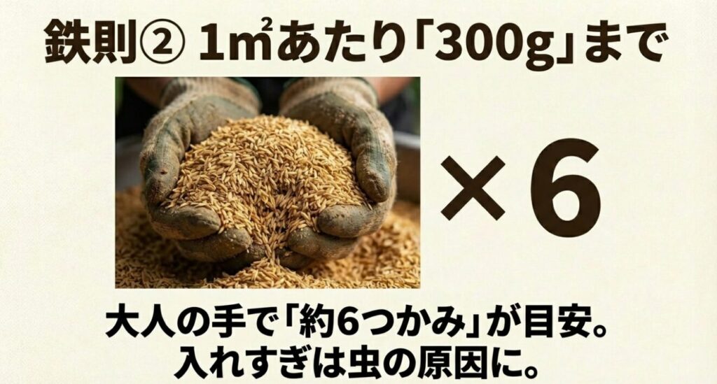 鉄則2：米ぬかの量は1㎡あたり300gまで。大人の手で約6つかみが目安。入れすぎ注意