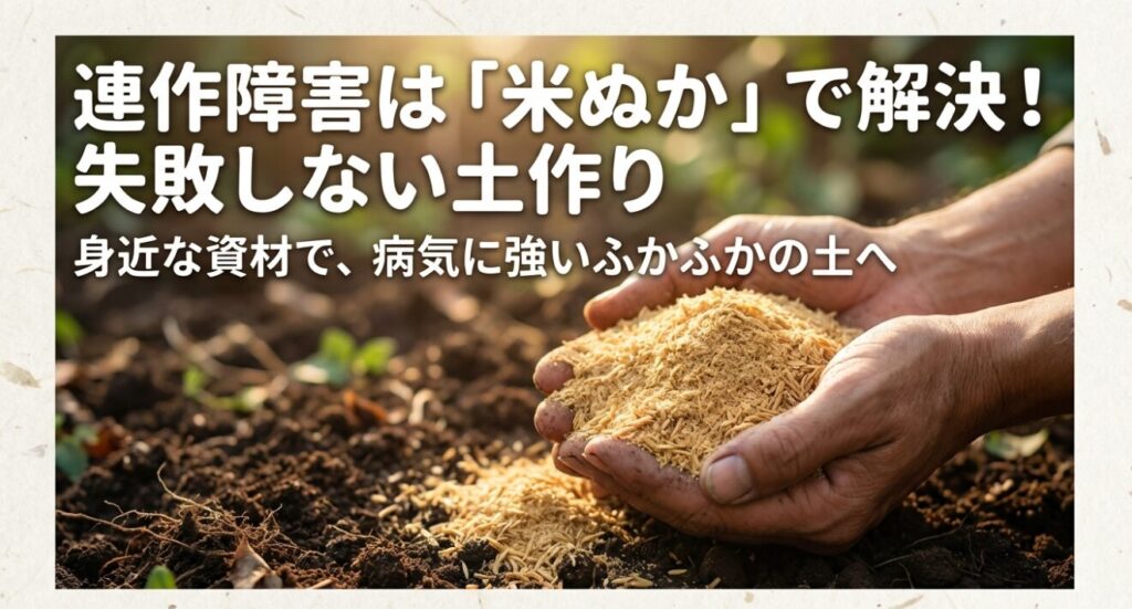 連作障害を米ぬかで解決するための、失敗しない土作りスライドの表紙。