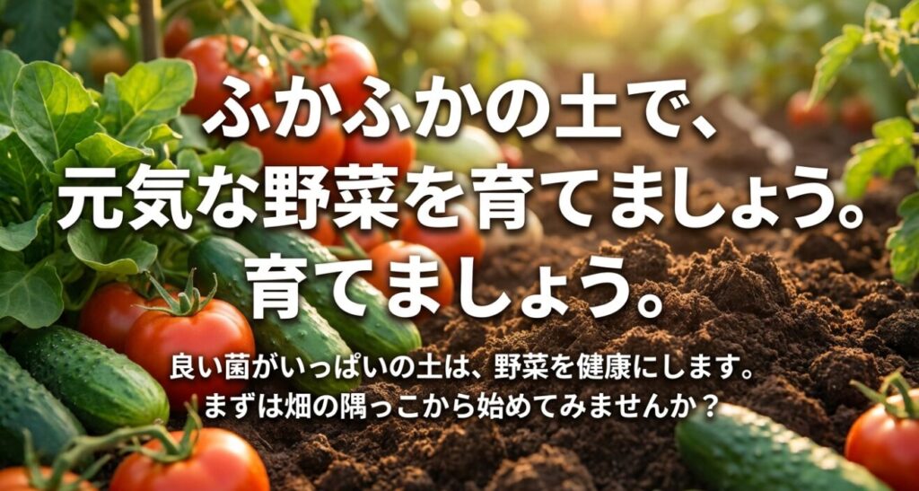 ふかふかの土で元気に育つ野菜のイラスト。「まずは畑の隅っこから始めてみませんか？」というメッセージ。