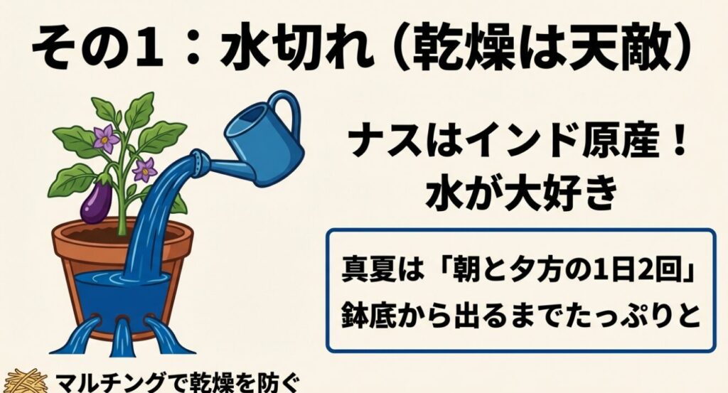 プランターのナスにジョウロでたっぷりと水をあげ、鉢底から水が流れ出ているイラスト