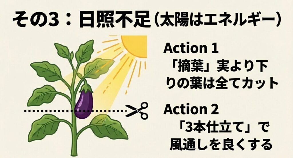 ナスの株に太陽の光が当たるよう、実より下の葉をカットする摘葉のイメージイラスト