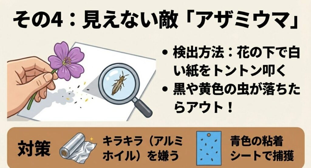 花を叩いて白い紙にアザミウマを落とす確認方法と、青色の粘着シートで捕獲する対策のイラスト