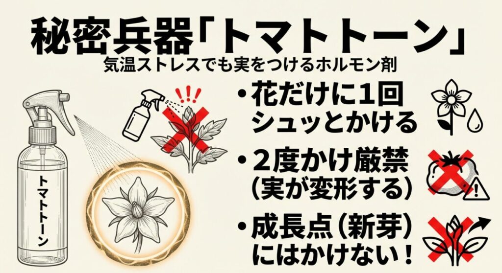 ナスの花にトマトトーンをスプレーする様子。2度かけ禁止や成長点にかけない注意点のイメージ。
