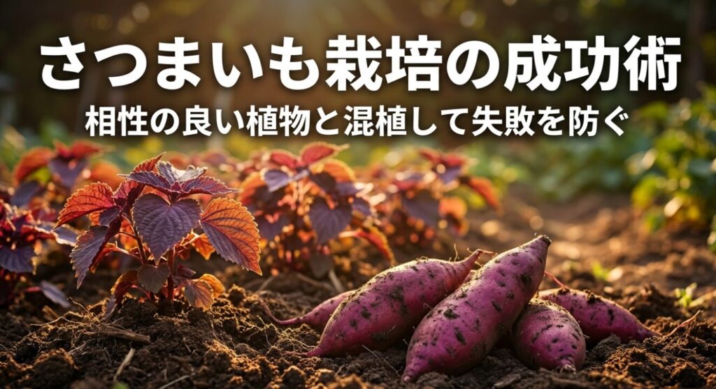 さつまいも栽培の成功術。相性の良い植物と混植して失敗を防ぐ方法の解説スライド表紙。