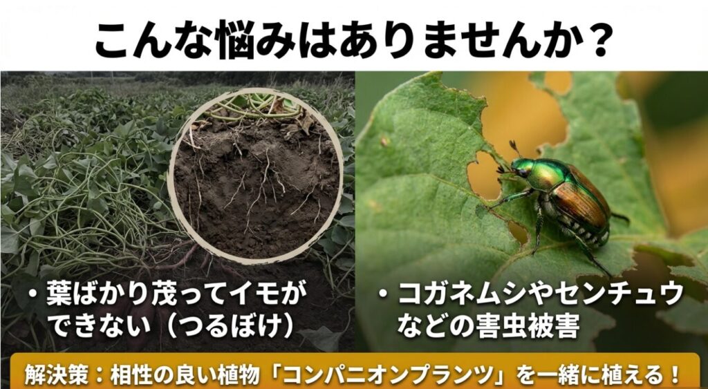 つるぼけや害虫被害などさつまいも栽培の悩みは、コンパニオンプランツを一緒に植えることで解決できる。