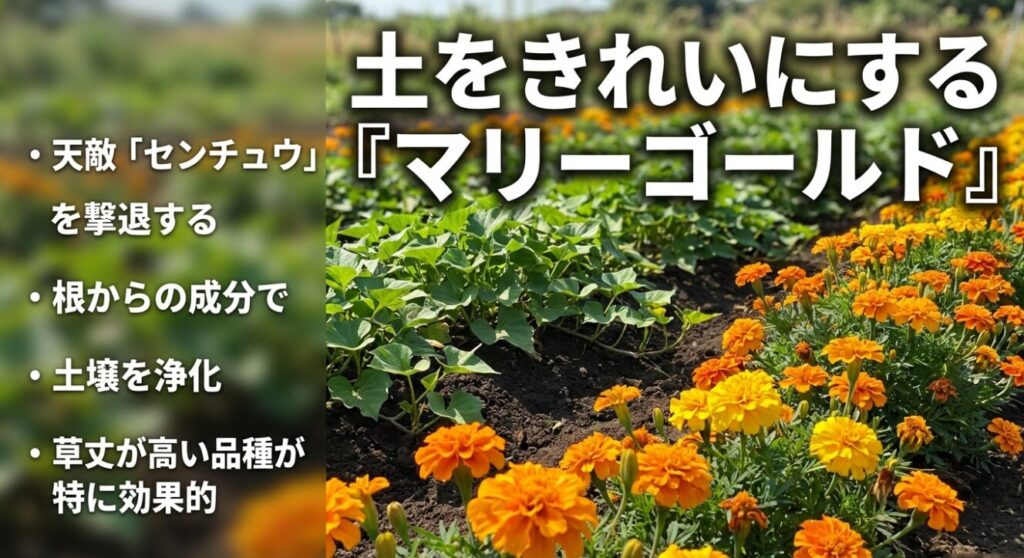 土をきれいにするマリーゴールド。根からの成分で天敵センチュウを撃退し土壌を浄化する。草丈が高い品種が効果的。