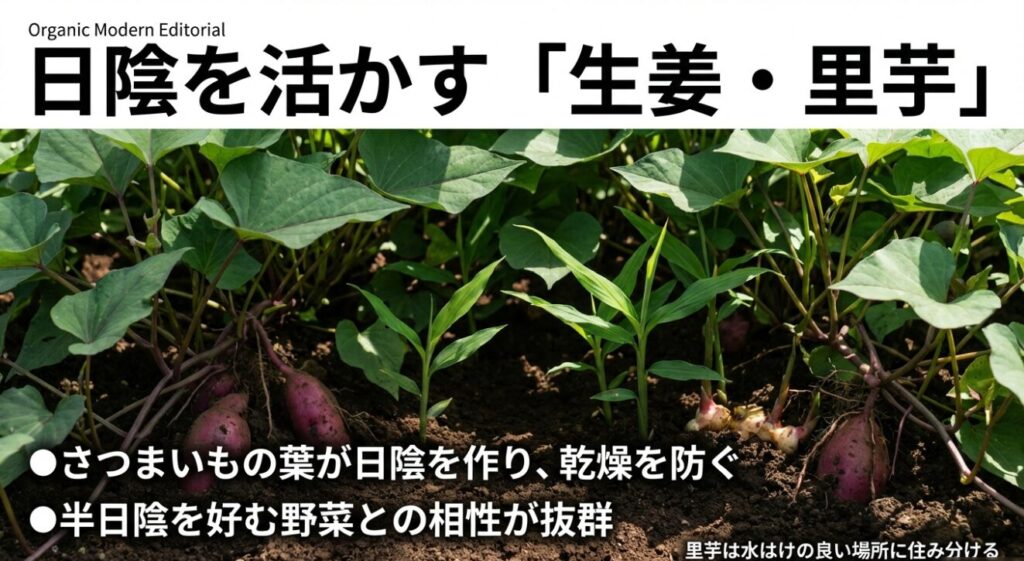 日陰を活かす生姜と里芋。さつまいもの葉が日陰を作り乾燥を防ぐため、半日陰を好む野菜と相性が良い。