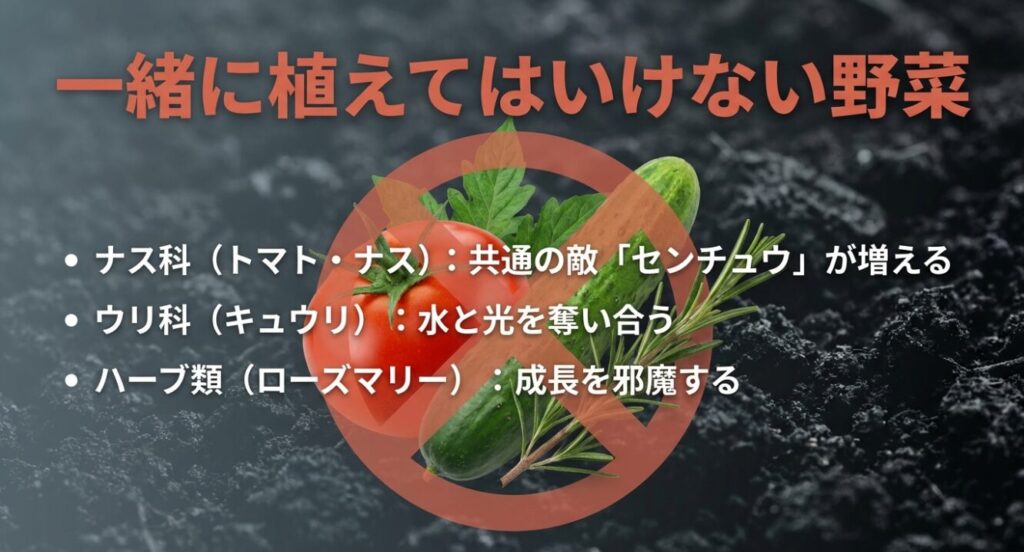 一緒に植えてはいけない野菜リスト。ナス科はセンチュウが増え、ウリ科は水と光を奪い合い、ハーブ類は成長を邪魔する。