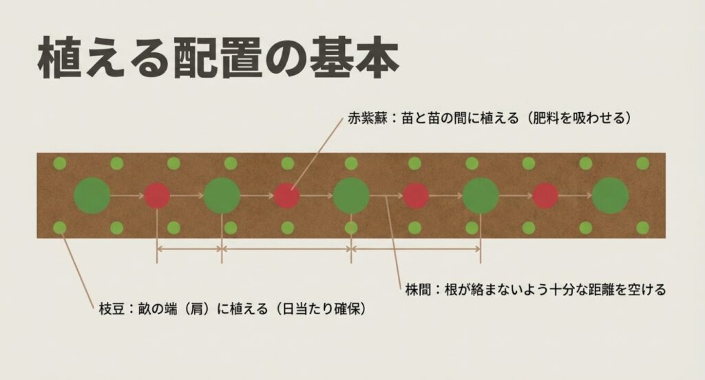 植える配置の基本図解。赤紫蘇は苗と苗の間に、枝豆は畝の端に植える。根が絡まないよう十分な株間を空けること。