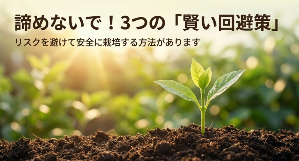 「諦めないで！3つの賢い回避策」という見出し。リスクを避けて安全に栽培する方法があることを伝える導入スライド 。