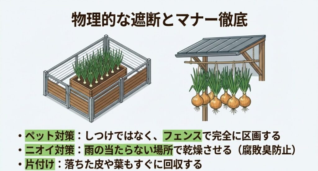 フェンスで囲われたプランターと、軒下に吊るして乾燥させている玉ねぎのイラスト。ペット対策としての完全な区画分けと、雨を避けて腐敗臭を防ぐマナーについて 。