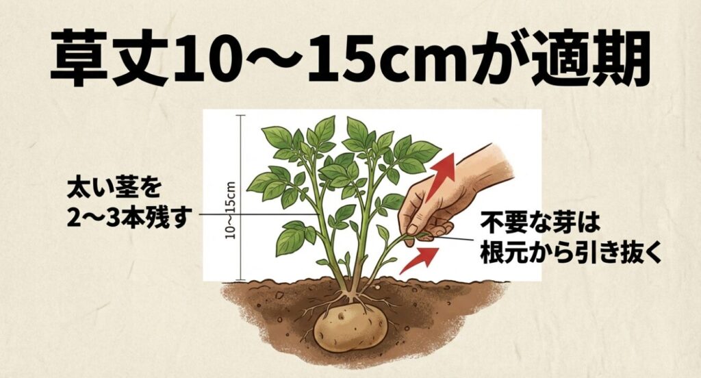 草丈10～15cmの適期に行う、太い茎を残して不要な芽を根元から引き抜く正しい芽かき方法