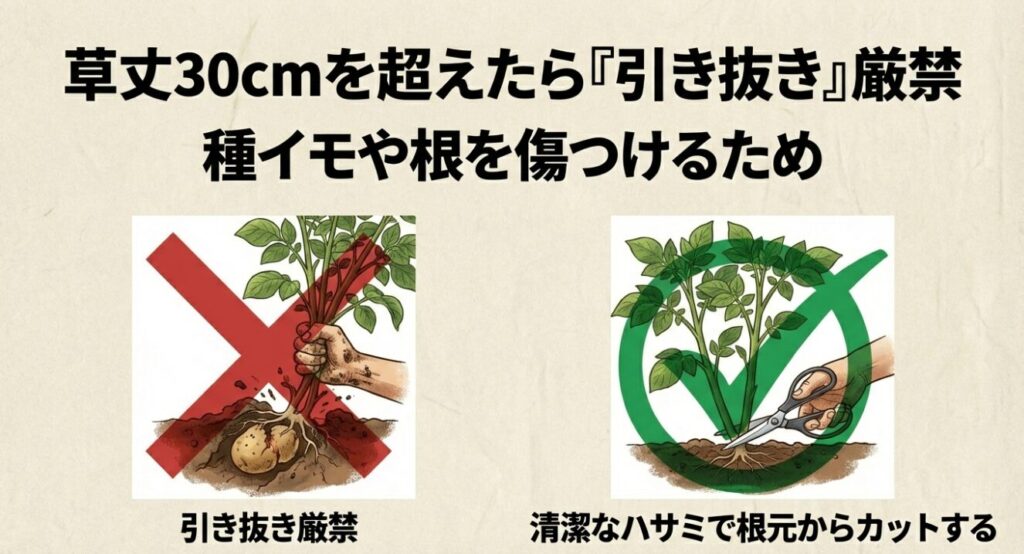 草丈30cmを超えて遅れた場合は引き抜き厳禁。清潔なハサミで根元からカットする対処法