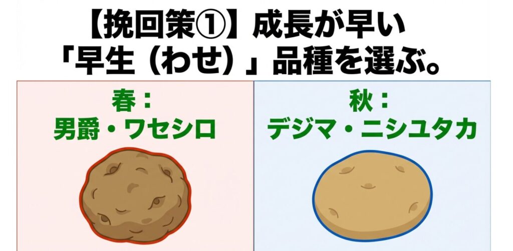 成長が早い早生品種(男爵・ワセシロ・デジマ等)を選んで遅れを挽回する方法