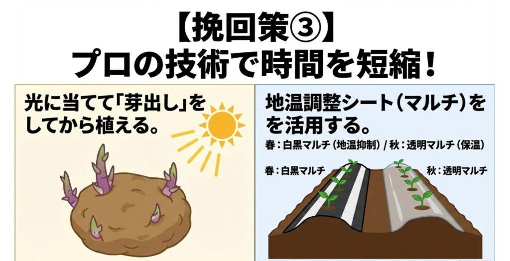 プロの技術である「芽出し」と「地温調整マルチ」を使って栽培期間を短縮する方法