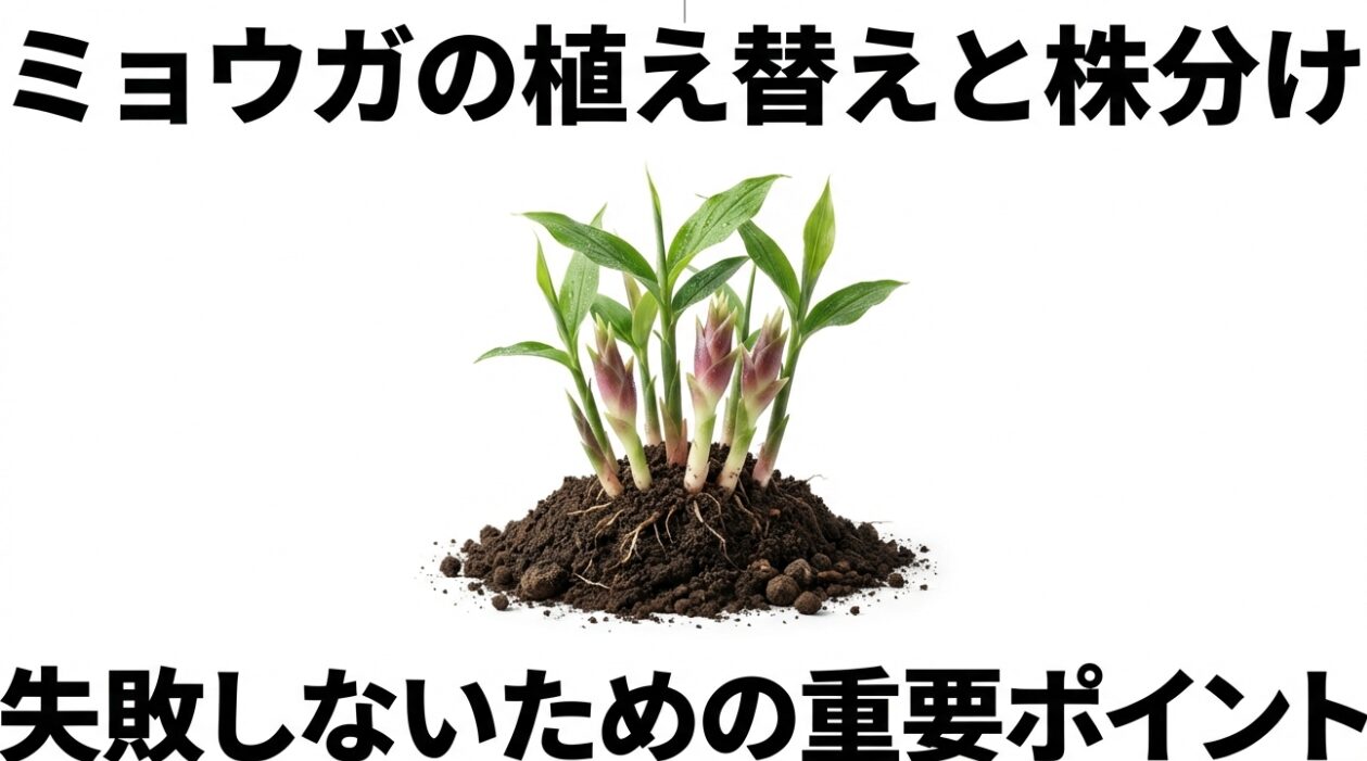 土がついた新鮮なミョウガの苗と、植え替え・株分けのタイトル文字