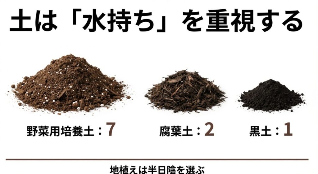 ミョウガに適した保水性の高い土。野菜用培養土と腐葉土の配合イメージ