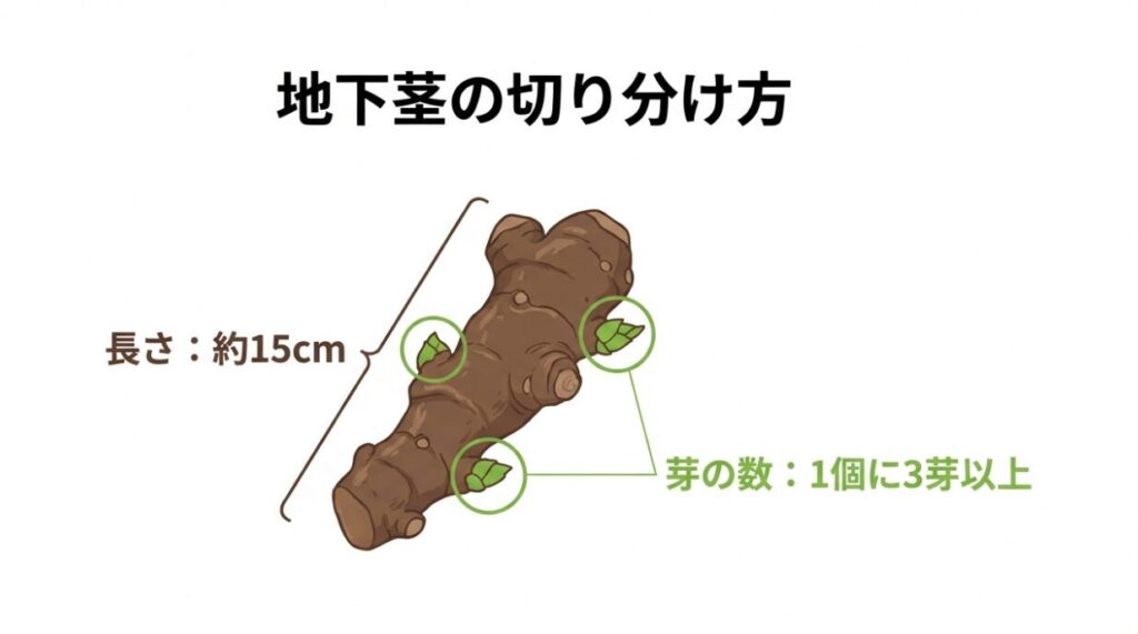ミョウガの地下茎のイラスト。長さ約15cm、1個につき3芽以上残して切り分けるポイントの解説