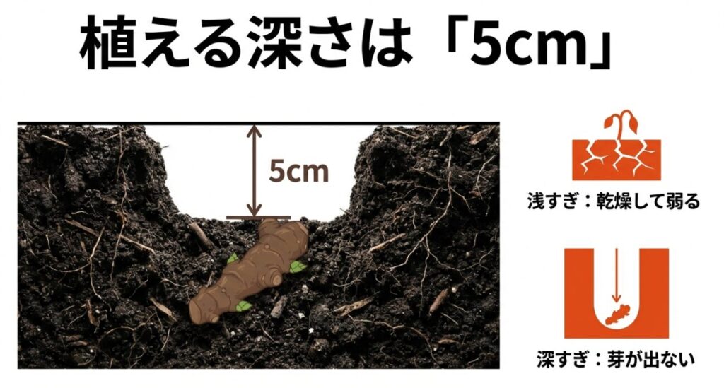 土の断面図。地下茎を地表から5cmの深さに植え付ける様子を示したイラスト