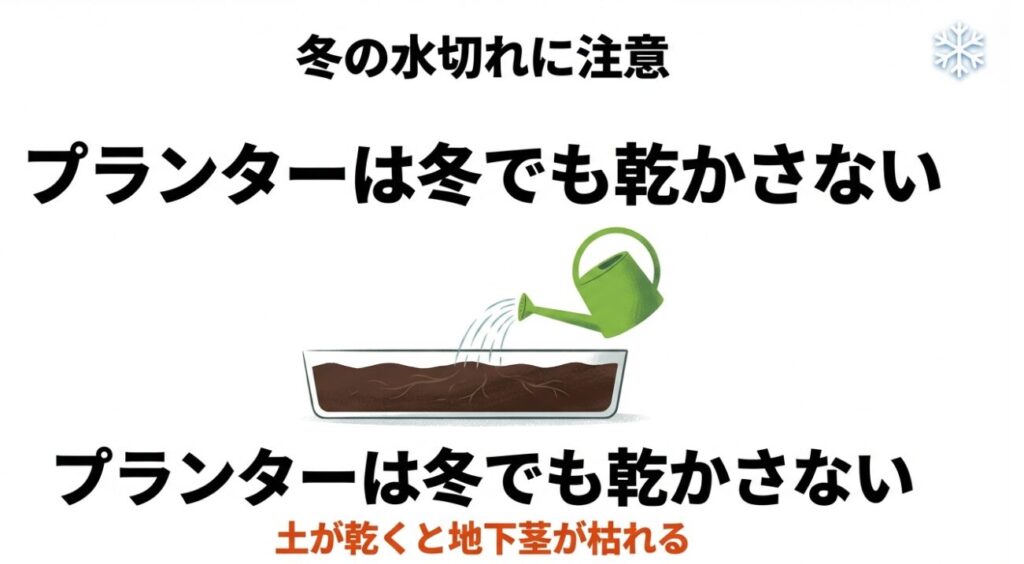 ジョウロで水やりをしているイラスト。冬場でもプランターの土を乾燥させない重要性