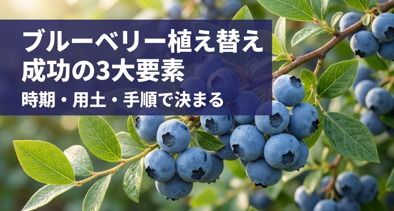ブルーベリー植え替え成功の3大要素（時期・用土・手順）の解説スライド
