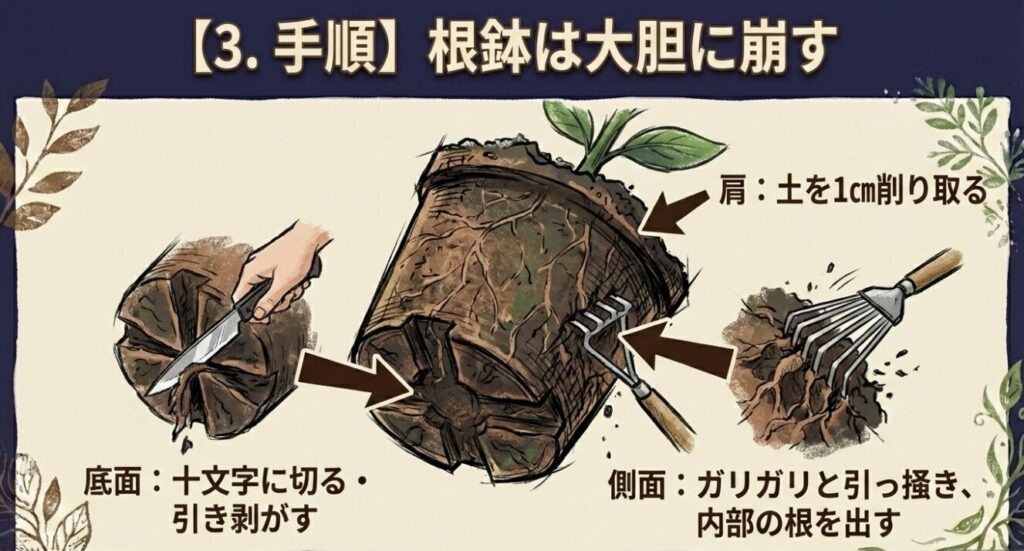 ブルーベリー植え替え時の根鉢の崩し方と根の切り方