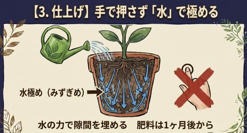 ブルーベリー植え替え後の水極め(水やりで土を落ち着かせる手順)