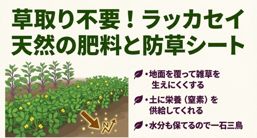 ラッカセイが地面を覆い雑草を防ぎ、窒素を供給する一石三鳥の効果