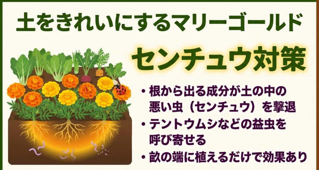 マリーゴールドが土の中のセンチュウを撃退し益虫を呼ぶ仕組み