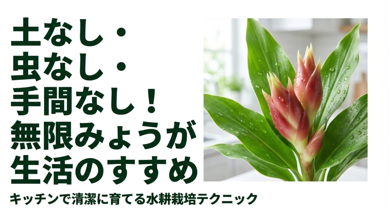 土を使わない水耕栽培でみょうがを育てるメリット。虫がわかず手間もかからない栽培イメージ