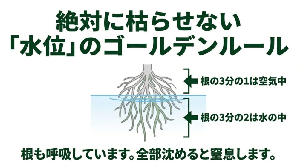 根の3分の1を空気中に出し、3分の2を水に浸けることで根の呼吸を確保する正しい水位の図解