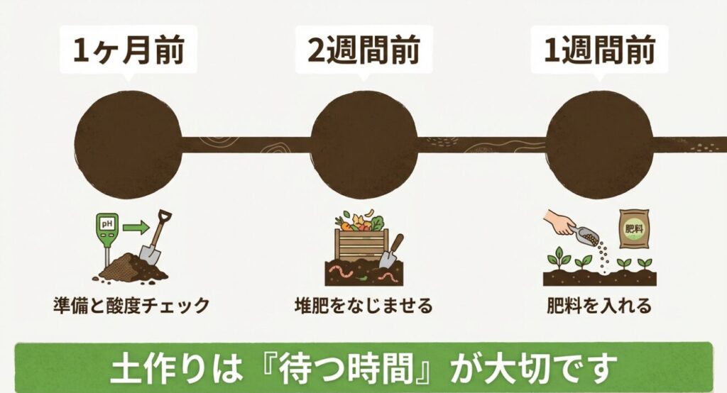 じゃがいも土作りの3ステップ：1ヶ月前のpHチェックから1週間前の施肥まで