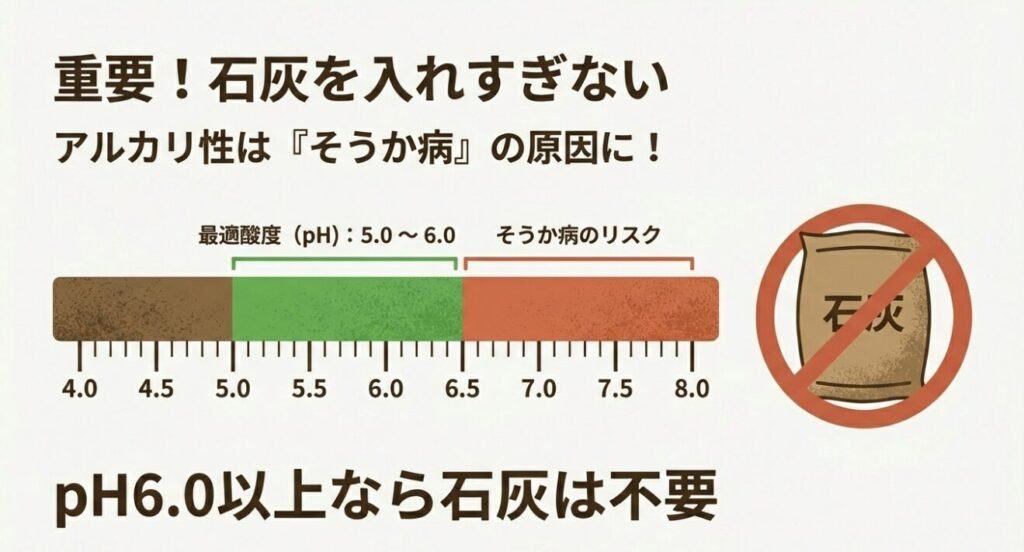 じゃがいもの最適酸度(pH)とそうか病のリスク：pH6.0以上なら石灰は不要