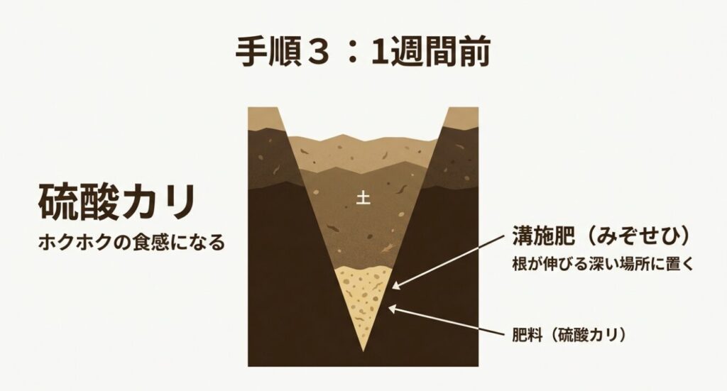 じゃがいもの肥料には硫酸カリがおすすめ：溝施肥で根が伸びる場所に置く