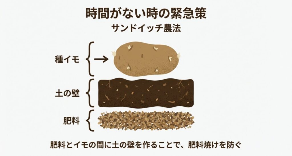 サンドイッチ農法の図解：肥料と種イモの間に土の壁を作って肥料焼けを防ぐ