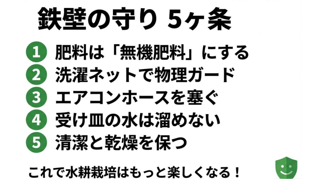 肥料は無機肥料・洗濯ネット・エアコンホース・水の処理・清潔と乾燥の5つの鉄則