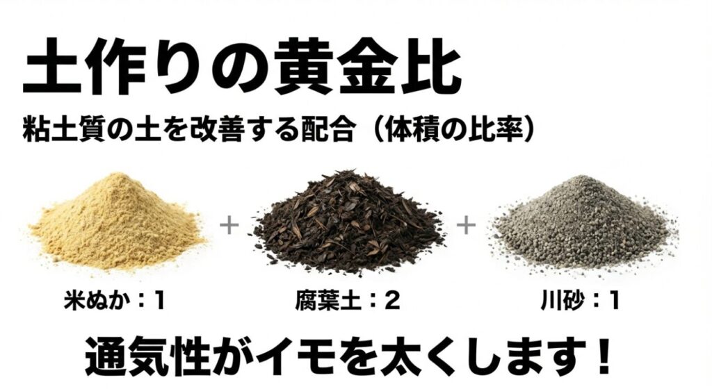 粘土質の土を改善するための配合比率。米ぬか1、腐葉土2、川砂1の割合で混ぜることで通気性を良くし、イモを太くする効果があることを示した図。