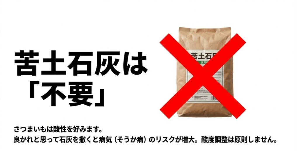 苦土石灰の袋に大きなバツ印が描かれた画像。さつまいもは酸性を好むため石灰は不要であり、そうか病のリスクが増大することを警告している。