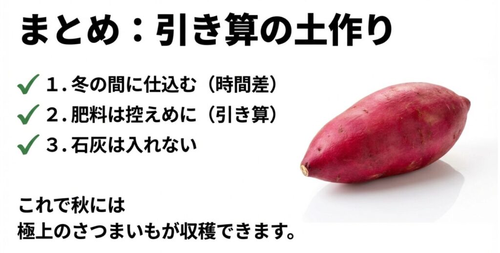 引き算の土作りまとめ。冬の間に仕込むこと、肥料は控えめにすること、石灰は入れないことの3点をリストアップし、極上のさつまいもを収穫するためのポイントをまとめた画像。