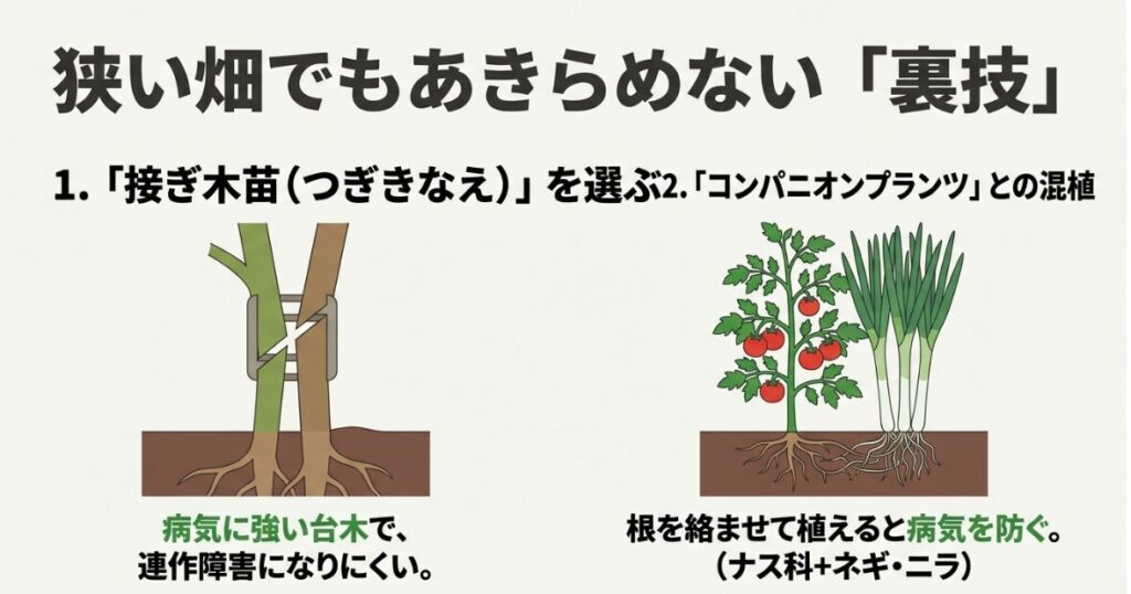 連作障害を防ぐための接ぎ木苗の利用とコンパニオンプランツの混植裏技
