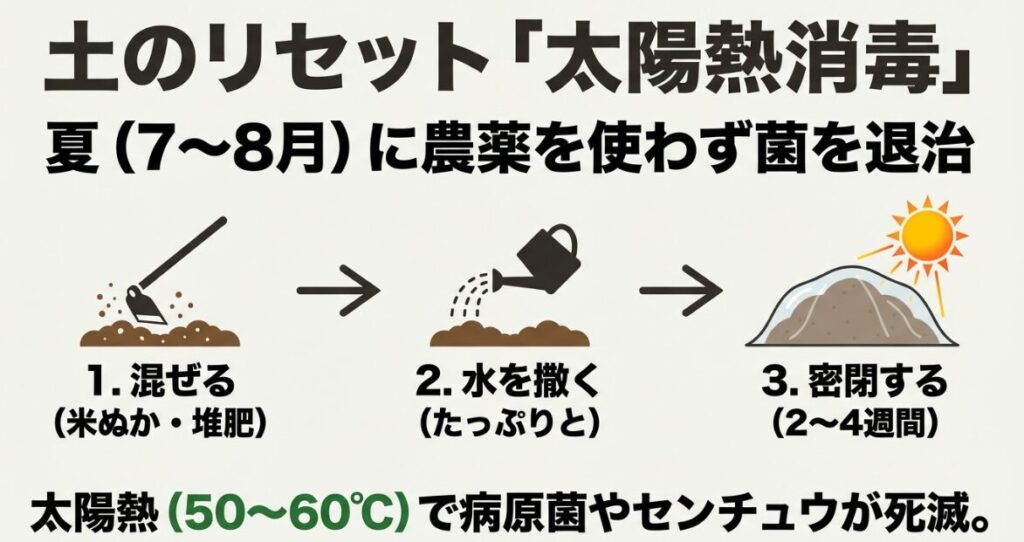 夏に行う太陽熱消毒の手順(混ぜる・水を撒く・密閉する)を図解したスライド