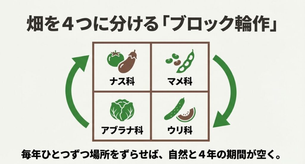 ナス科・マメ科・アブラナ科・ウリ科をローテーションさせるブロック輪作の仕組み