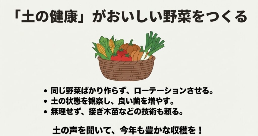 おいしい野菜を作るための土の健康管理とローテーションの重要性のまとめ