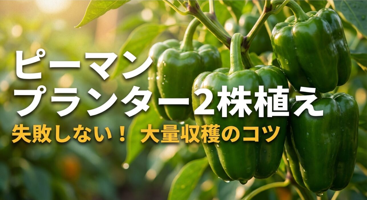 ピーマンをプランターに2株植えて大量収穫するための成功ガイドの表紙イラスト