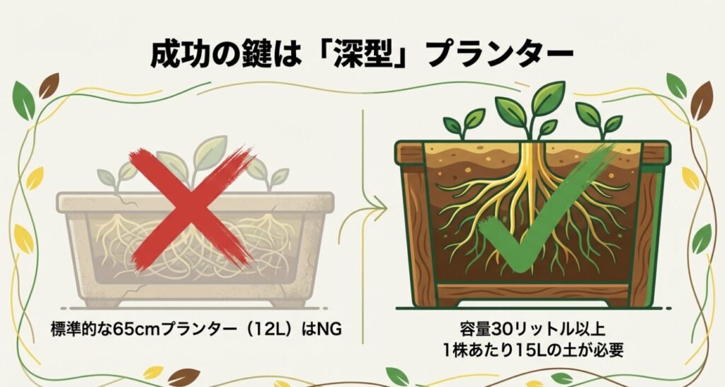 浅いプランターでの根詰まりと、深型プランター(30L以上)での健全な根の成長を比較したイラスト。成功の鍵は深型プランター。
